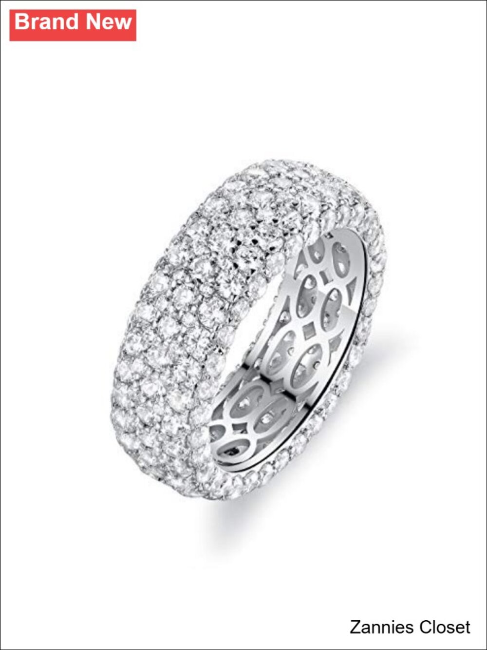 💍 18K White Gold Plated Wide Cubic Zirconia Eternity Band Ring Size 9